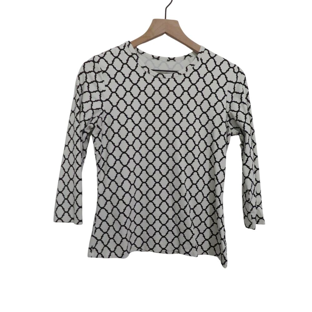 J. Mclaughlin Womens Sz S Black White Geometric Stretch 3/4 Sleeve Top